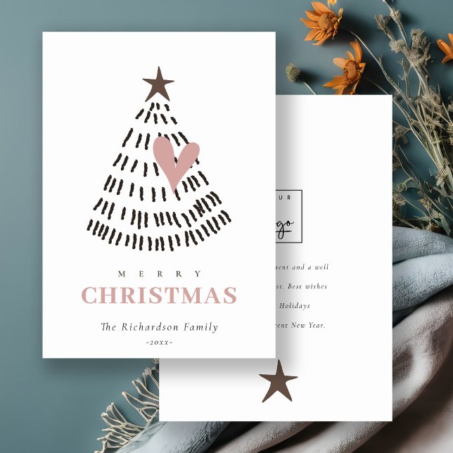 Tarjeta Festiva Scandi Minimal Blush Heart Christmas Tree Logo (Subido por el creador)
