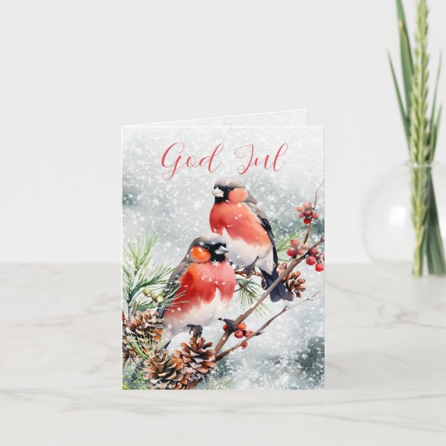 Tarjeta Festiva Scandi Noruega Dios Jul Julefugl Kottar Röda Bär (Anverso)