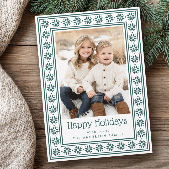 Tarjeta Festiva Scandinavian stars green border Happy Holidays (Scandinavian stars green border Happy Holidays Holiday Card)
