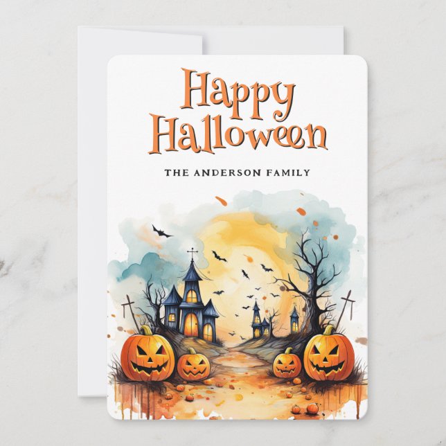 Tarjeta Festiva Scary Church Graveyard Pumpkins Bat Halloween Card (Anverso)