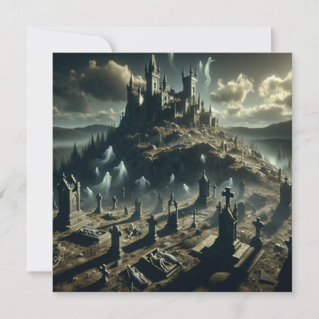 Tarjeta Festiva Scary Halloween Haunted Castle Graveyard (Anverso)