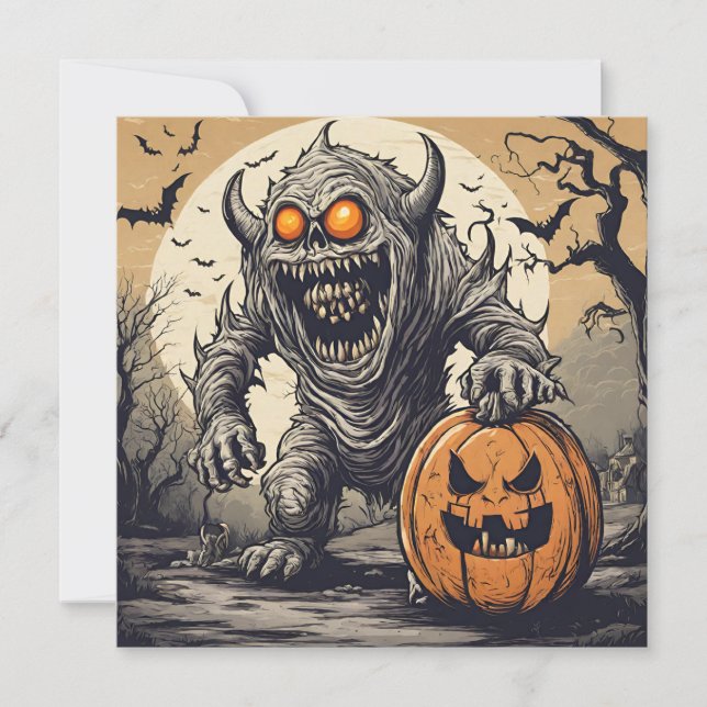 Tarjeta Festiva Scary Halloween Monster y Jack O'Lantern (Anverso)