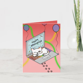 Tarjeta Festiva Schattige kat op laptop met slingers verjaardags