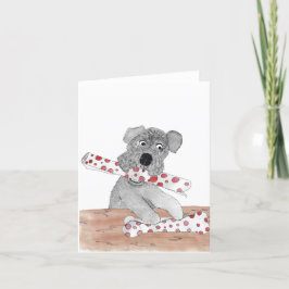 Tarjeta Festiva Schnauzer envolviendo regalo