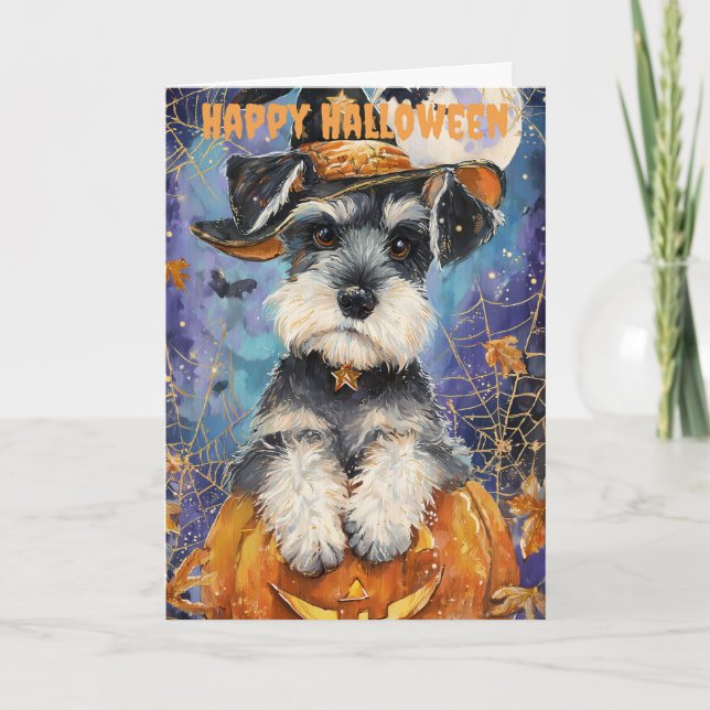 Tarjeta Festiva Schnauzer perro de Halloween (Anverso)