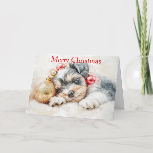 Tarjeta Festiva Schnauzer Puppy at Christmas (Anverso)