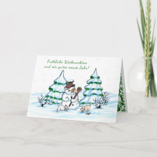 Tarjeta Festiva Schneemann mit Katze und Hundewelpe auf Deutsch