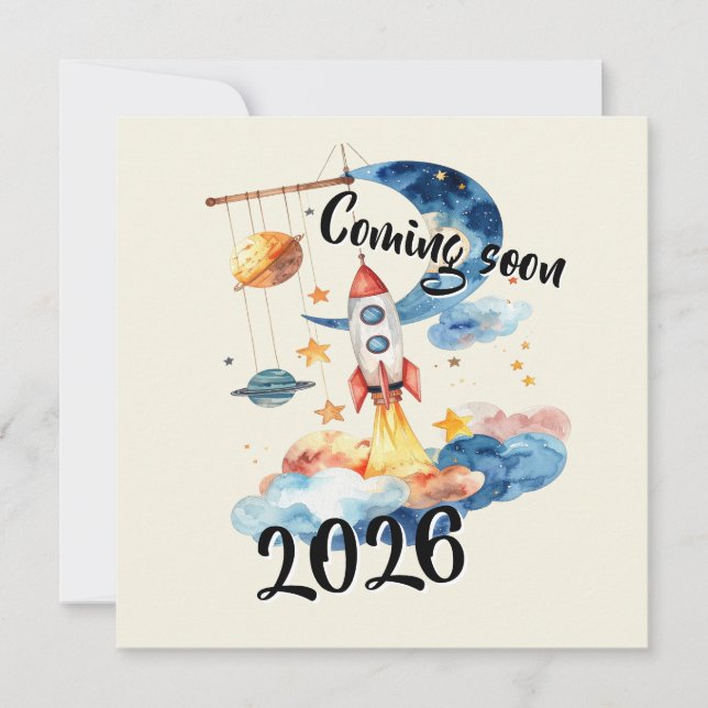 Tarjeta Festiva Schwangerschaft verkünden 2026 Rakete Weltraum  (Anverso)