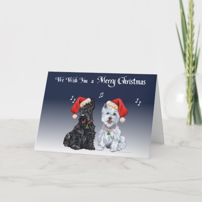 Tarjeta Festiva Scottie y Westie Caroling (Anverso)