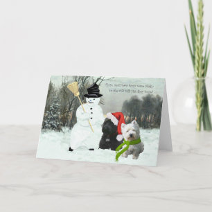 Tarjeta Festiva Scottie y Westie con muñeco de nieve