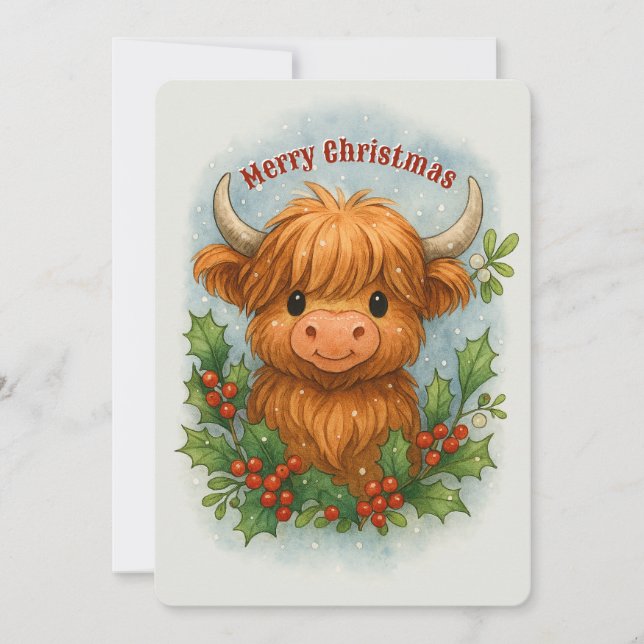Tarjeta Festiva Scottish Highland Cow Holly & Mistletoe Christmas (Anverso)