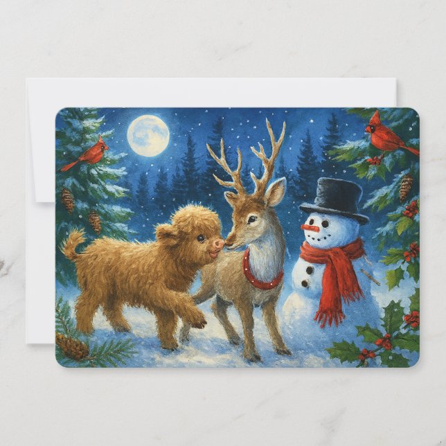 Tarjeta Festiva Scottish Highland Cow Reindeer & Snowman Christmas (Anverso)