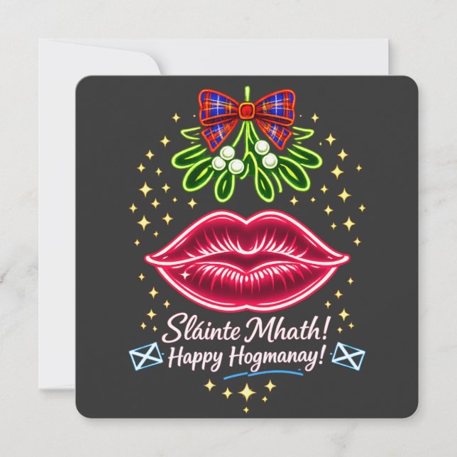Tarjeta Festiva Scottish Hogmanay Mistletoe Neon Tartan Gift (Anverso)