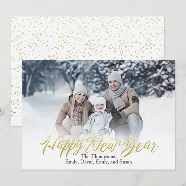 Tarjeta Festiva Script de caligrafía de Año Nuevo Gold Happy 1 Fot (Anverso / Reverso)