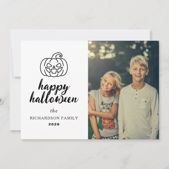 Tarjeta Festiva Script Elegante Jack-O'-Lantern Halloween 1 Foto (Anverso)