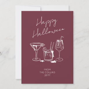 Tarjeta Festiva Script Estiloso Burgundy Cócteles Feliz Halloween