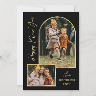 Tarjeta Festiva Script Feliz Año Nuevo Arco Negro Oro 3 Fotos