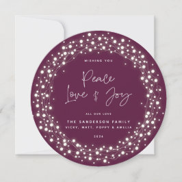 Tarjeta Festiva Script Font Peace Love+Joy Sparkling Luces