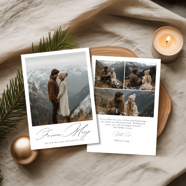Tarjeta Festiva Script Forever Merry Newlywed Wedding Photo (Subido por el creador)
