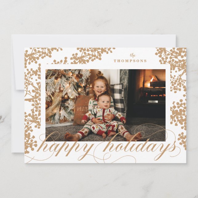 Tarjeta Festiva Script Happy Holidays Foliage Christmas Photo Card (Anverso)