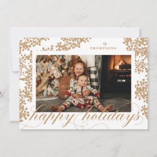 Tarjeta Festiva Script Happy Holidays Foliage Christmas Photo Card