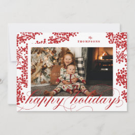 Tarjeta Festiva Script Happy Holidays Red Berries Photo Card