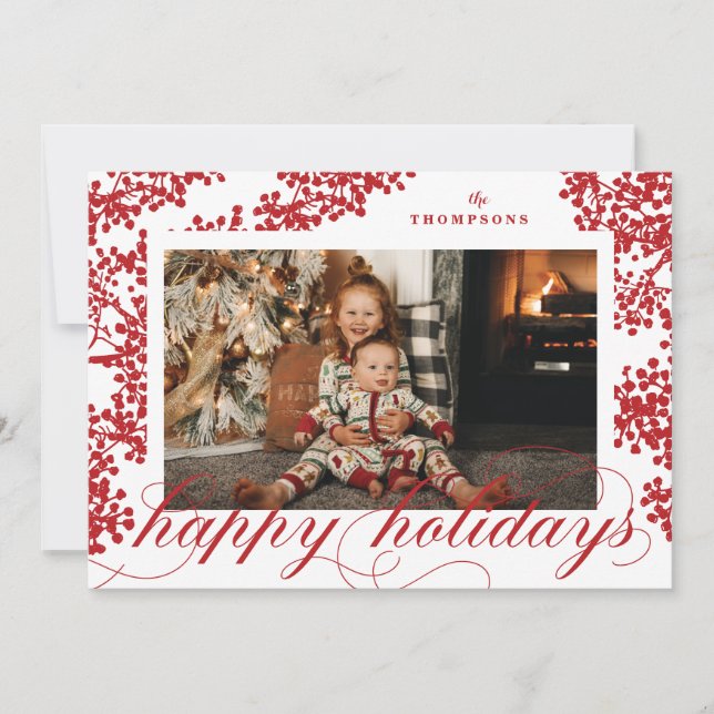 Tarjeta Festiva Script Happy Holidays Red Berries Photo Card (Anverso)