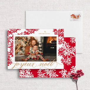 Tarjeta Festiva Script Joyeux Noel Red Berries Photo Card