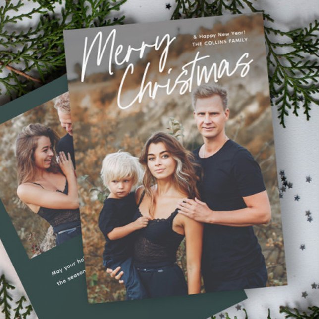 Tarjeta Festiva Script Letting Merry Christmas 2 Photo (Hand Lettered Merry Christmas 2 Photo Holiday Cards.)