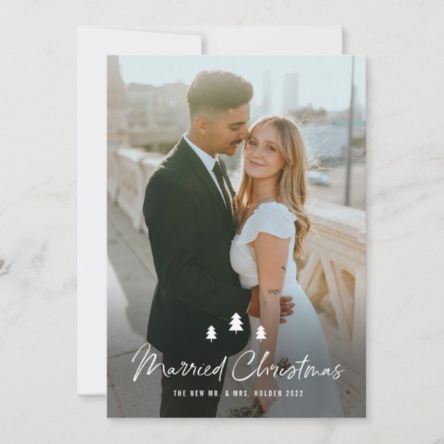 Tarjeta Festiva Script Married Christmas Trees Wedding Photo (Anverso)
