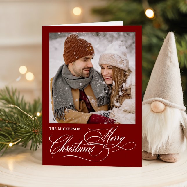 Tarjeta Festiva Script Merry Christmas 1 photo Folded Holiday Card (Subido por el creador)