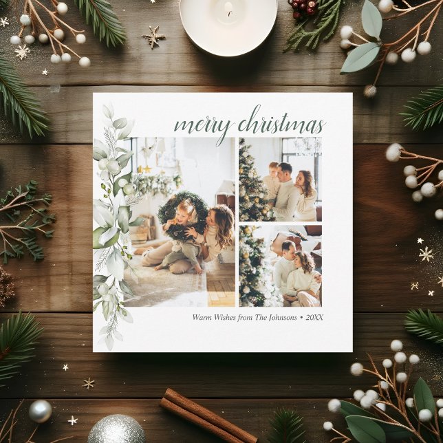 Tarjeta Festiva Script Merry Christmas Berry Photo Holiday Card (Subido por el creador)