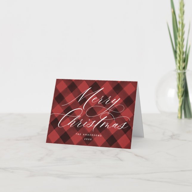 Tarjeta Festiva Script Merry Christmas Buffalo Check Red (Anverso)