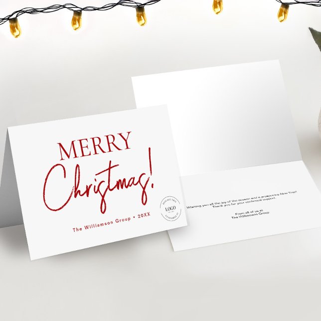 Tarjeta Festiva Script Merry Christmas Business Logo RED (Merry Christmas Red script company logo thank you holiday cards.)