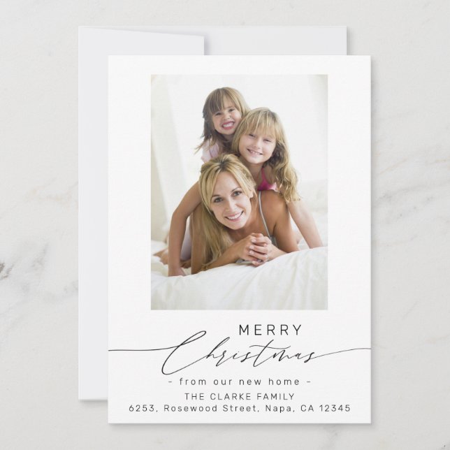 Tarjeta Festiva Script Merry Christmas from Our New Home Photo (Anverso)