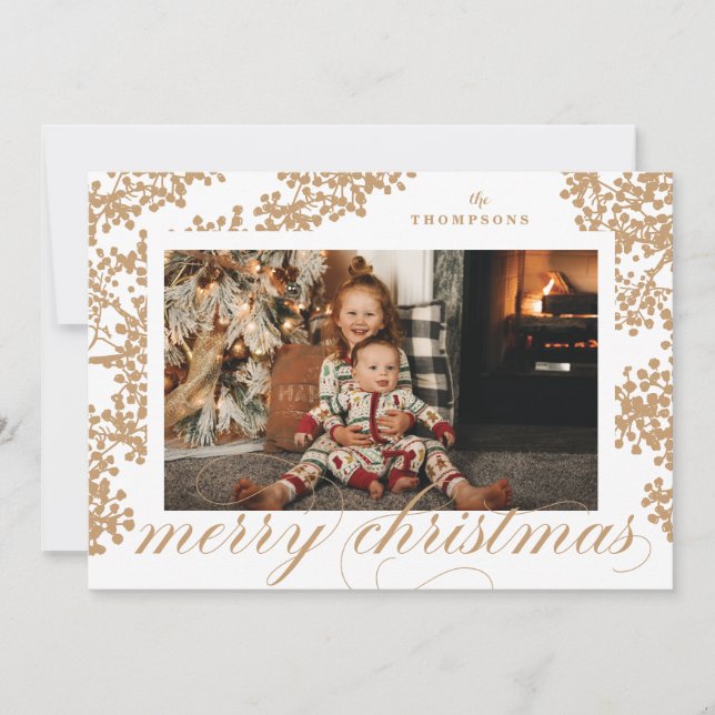 Tarjeta Festiva Script Merry Christmas Gold Foliage Photo Card (Anverso)