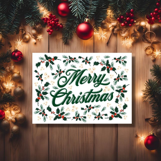 Tarjeta Festiva Script Merry Christmas Holly Red and Green (Script Merry Christmas Holly Red and Green Holiday Card, Colored Lights Background)
