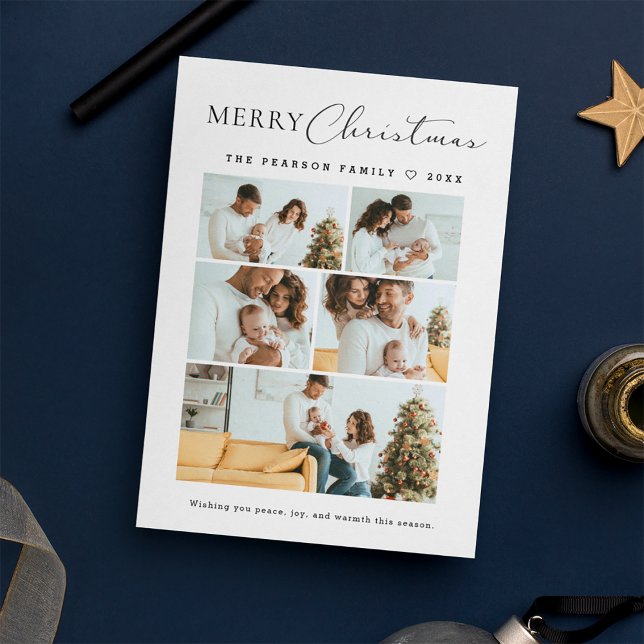 Tarjeta Festiva Script Merry Christmas Multi Photo Grid Modern (Merry Christmas, minimalist, modern typography script, photo collage family holiday card.)