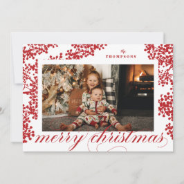 Tarjeta Festiva Script Merry Christmas Red Berries Photo Card