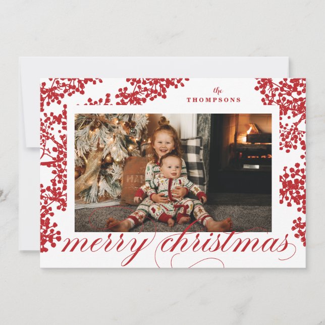 Tarjeta Festiva Script Merry Christmas Red Berries Photo Card (Anverso)