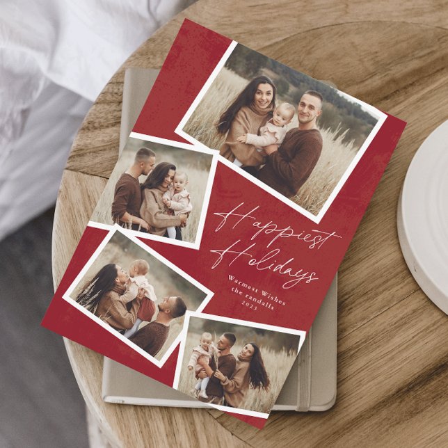 Tarjeta Festiva Script Moderno 4 Collage de Fotos Felicidades (Modern script 4 photo collage happiest holidays card in red.)