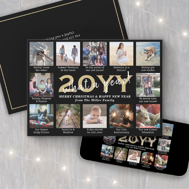 Tarjeta Festiva Script What a Year! 12 Photo Collage Black & Gold (Subido por el creador)