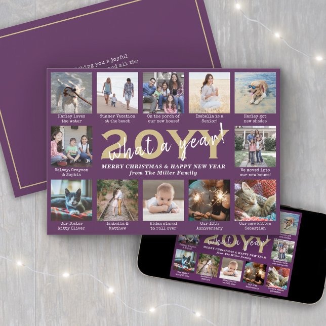 Tarjeta Festiva Script What a Year! 12 Photo Collage Purple & Gold (Subido por el creador)