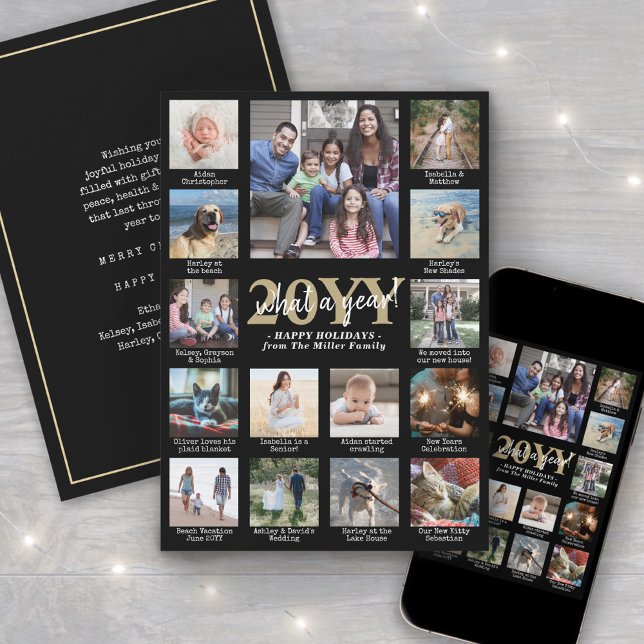 Tarjeta Festiva Script What a Year! 15 Photo Collage Black & Gold (Subido por el creador)
