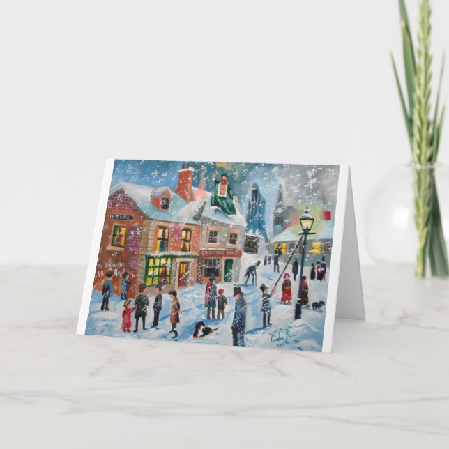 Tarjeta Festiva Scrooge A Navidades Carol en escena de nieve de in (Anverso)