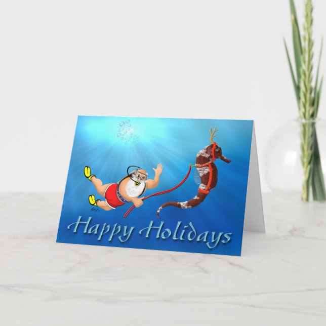 Tarjeta Festiva Scuba Diving Santa & Seahorse Felices Fiestas (Anverso)