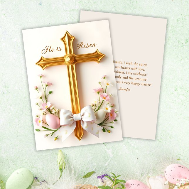 Tarjeta Festiva Se Levanta Cristiano Cruzando La Pascua Religiosa (Elegant "He Is Risen" Easter Greeting Card – Christian Religious Flat Holiday Card)