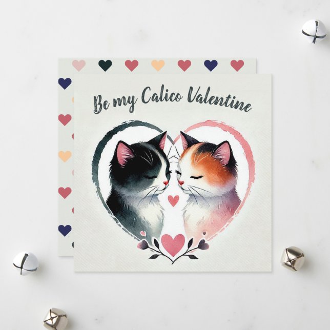 Tarjeta Festiva Sé mi calico San Valentín Gatos de Acuarela Corazó (Anverso/Reverso In Situ)