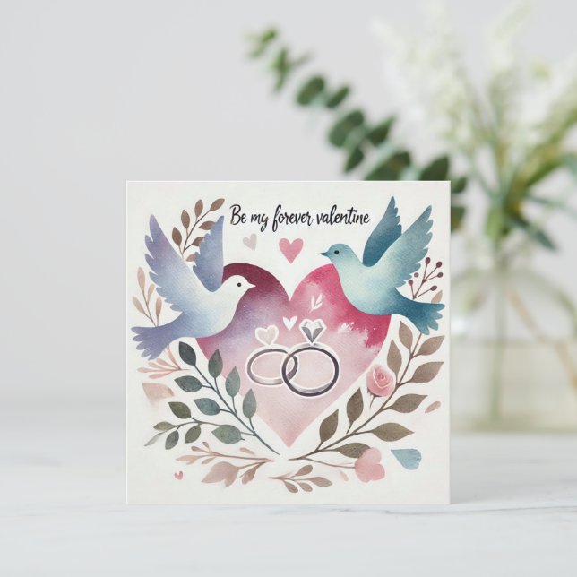 Tarjeta Festiva Sé mi eterno San Valentín con palomas, anillos, co (Anverso de pie)