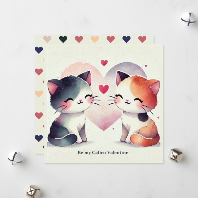 Tarjeta Festiva "Se Mi Valentín de Calicó" Gatos lindos de acuarel (Anverso/Reverso In Situ)
